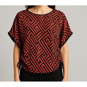 Red Black Silk Blend Abstract Blouse XS-S Drawstring Hem Dolman Sleeve Top